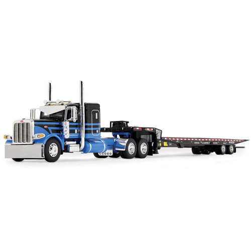 Peterbilt Model 389 48 Flat Top Sleeper & Landoll 440B-50CA Traveling Axle Trailer - Blue/Black 1:64 Scale Main Image