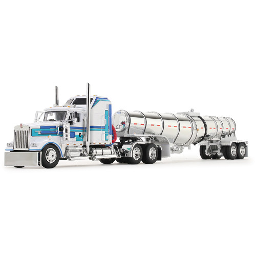 Kenworth® W900L with 60 Aerodyne Sleeper & Polar® Deep Drop Tank Trailer - White/Blue 1:64 Scale Main Image