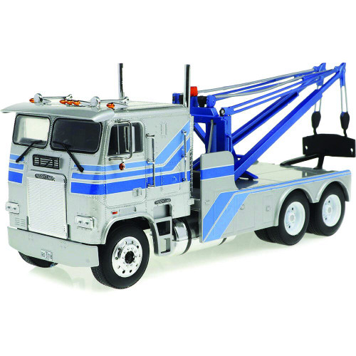 1984 Freightliner FLA 9664 Tow Truck - Silver with Blue Stripes Main Image
