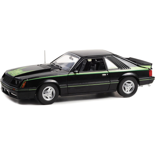 1980 Ford Mustang Cobra - Black with Green Cobra Hood Graphics and Stripe Treatment 1:18 Scale Main Image