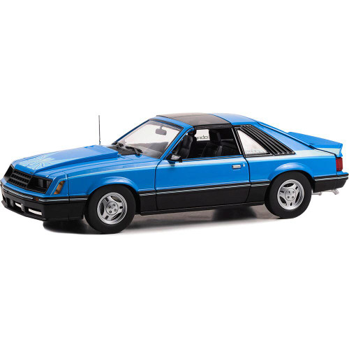 1981 Ford Mustang Cobra T-Top - Medium Blue with Light Blue Cobra Hood Graphics and Stripe Treatment 1:18 Scale Main Image