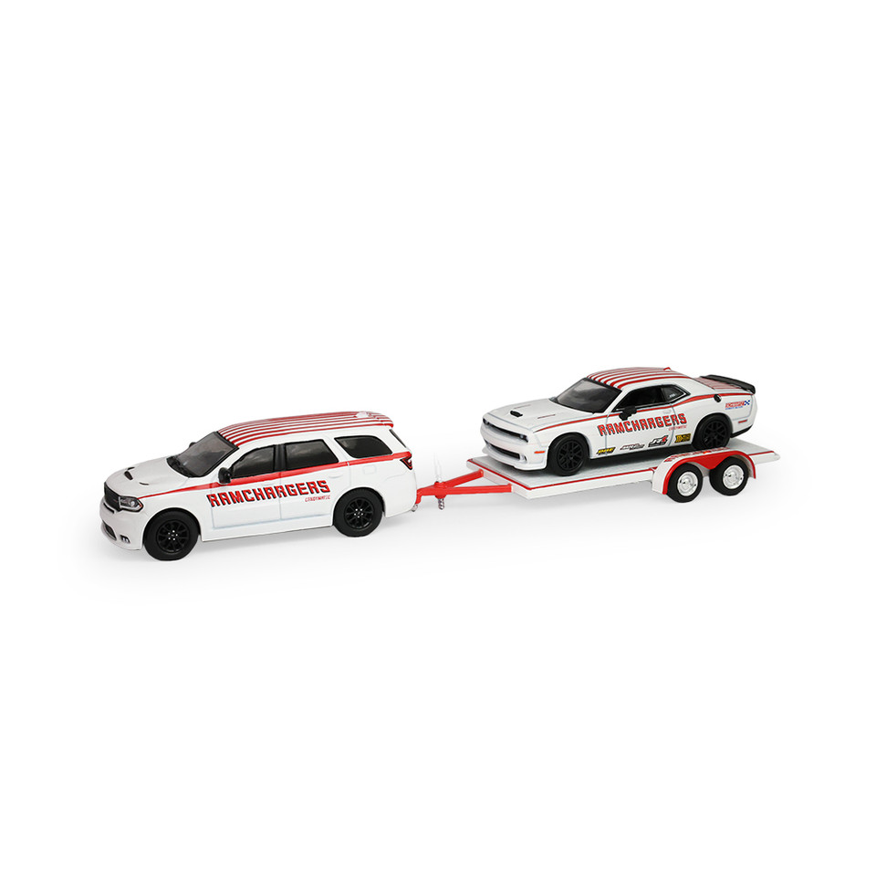 2018 Dodge Durango & 2016 Dodge Challenger SRT Hellcat with Flatbed Trailer 1:64 Scale Main Image