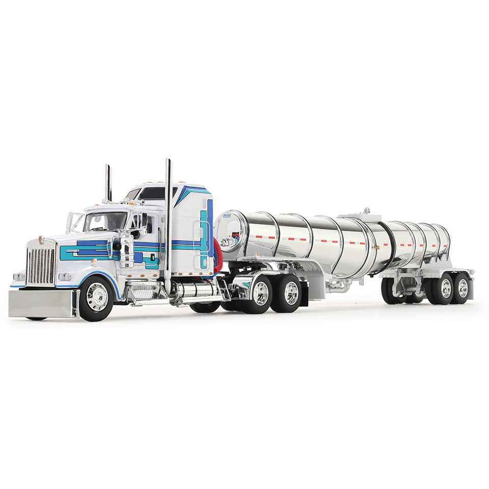 Kenworth® W900L with 60 Aerodyne Sleeper & Polar® Deep Drop Tank Trailer - White/Blue 1:64 Scale Main Image