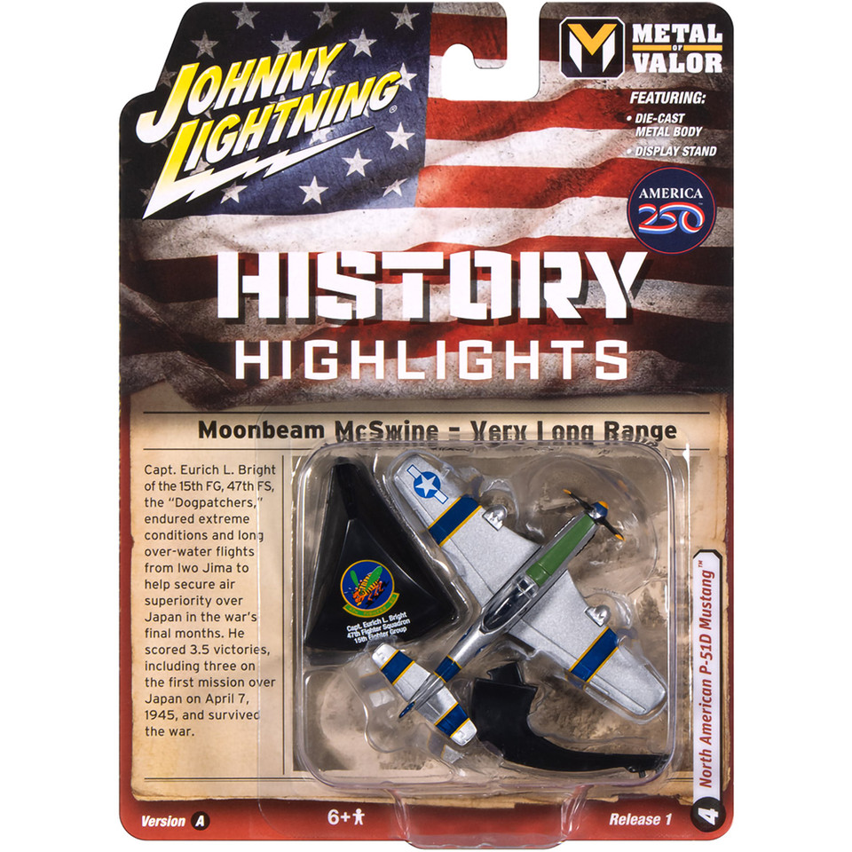WWII North American Aviation P-51D Mustang Moonbeam McSwine - Silver w/Blue & Yellow Striping 1:64 Scale Main Image