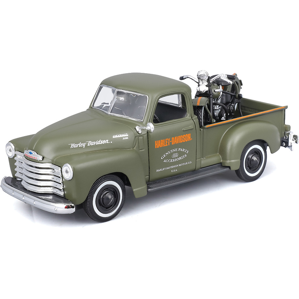 Harley-Davidson 1936 EL Knucklehead + 1950 Chevrolet 3100 Pickup - Green 1:24 Scale Main Image