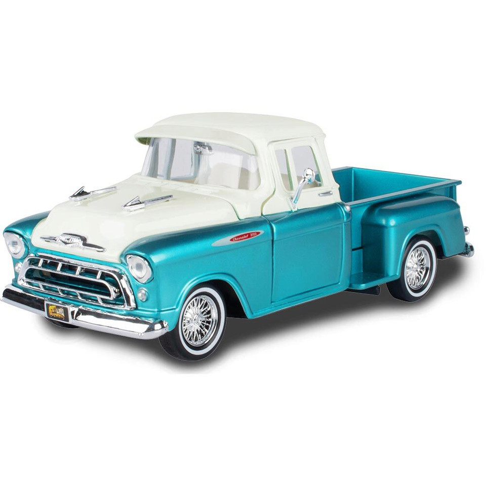 1957 Chevy 3100 Stepside Low Rider with Visor - Teal 1:24 Scale Main Image