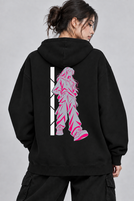Female model wearing a black, regular-fit pullover hoodie with a kangaroo pocket. The chest features a graphic with the letters "KNSL" in a grey-to-hot-pink gradient inside a white rectangular border.