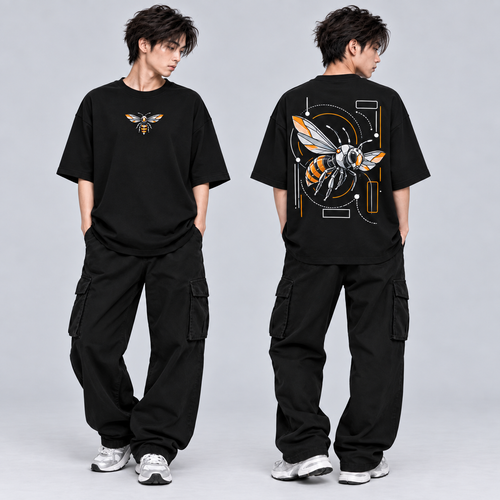 Male model showing the front and back of a black KNSL Break Free Tee with a small Beeemblem and large geometric Bee back graphic.