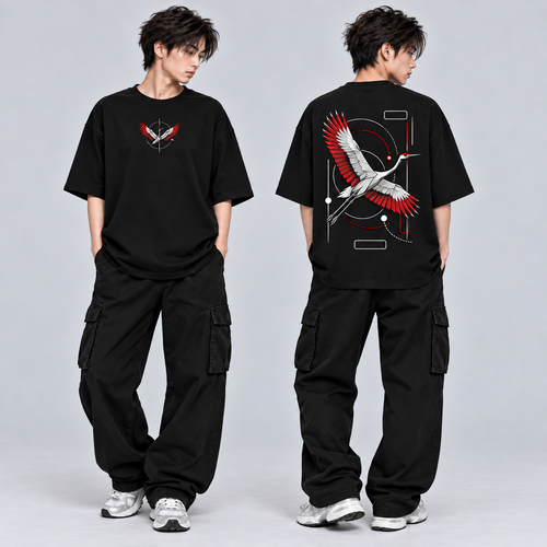 Male model showing the front and back of a black KNSL Break Free Tee with a small Craneemblem and large geometric Crane back graphic.