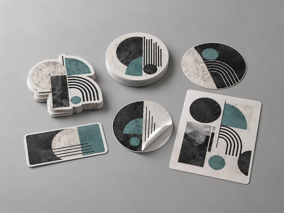 Illustrative custom stickers in round, rectangular and shaped formats
