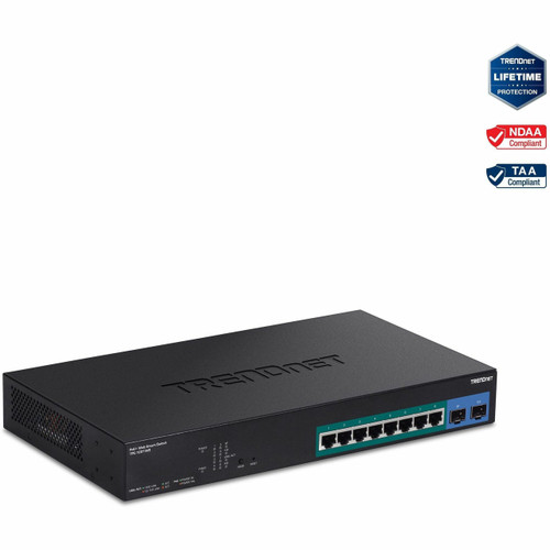 Main image for TRENDnet 10-Port Gigabit Web Smart PoE+ Switch with 8 Gigabit PoE+ Ports, 2 SFP Slots, 130W PoE Budget, VLAN, QoS, LACP, IPv4/IPv6 Static Routing, Black, TPE-1021WS