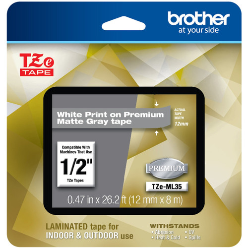Main image for Brother P-touch TZe-ML35 White Print on Premium Matte Gray Laminated Tape 12mm (0.47") wide x 8m (26.2') long