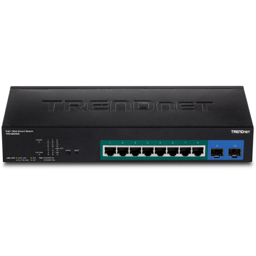 Alternate-Image1 Image for TRENDnet 10-Port Gigabit Web Smart PoE+ Switch, 8 x Gigabit PoE+ Ports, 2 x SFP Slots, Vlan, QoS, IPv6 Support, 20Gbps Switching Capacity, 75W PoE Power Budget, Lifetime Protection, Black, TPE-082WS