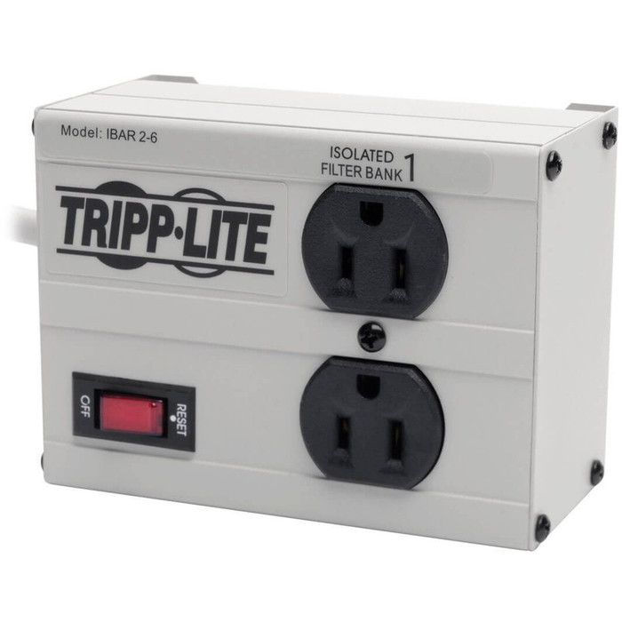 Main image for Tripp Lite Isobar 2-Outlet Surge Protector, 6 ft. Cord with Right-Angle Plug, 1410 Joules, Metal Housing