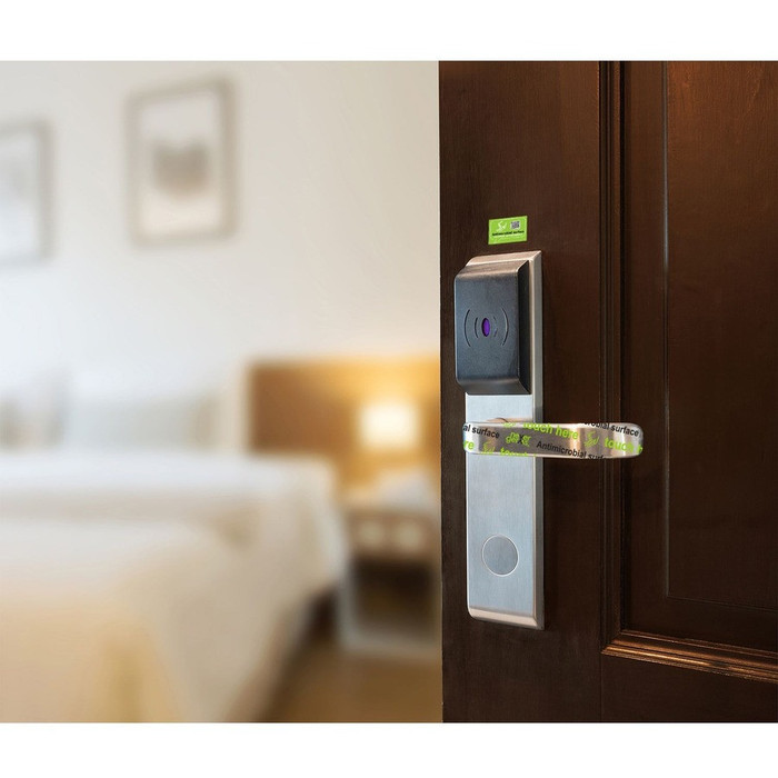 Alternate-Image1 Image for Antimicrobial Covers Door Handle Wrap ADA Style 2 RIGHT, for 1" X 3.5"-3.625" (2.5 X 8.9-9.2 CM) Handle, 2.375"-2.5" (6.0-6.4 CM) Tail, Antimicrobial Surface Graphic, Clear, 10 Pack