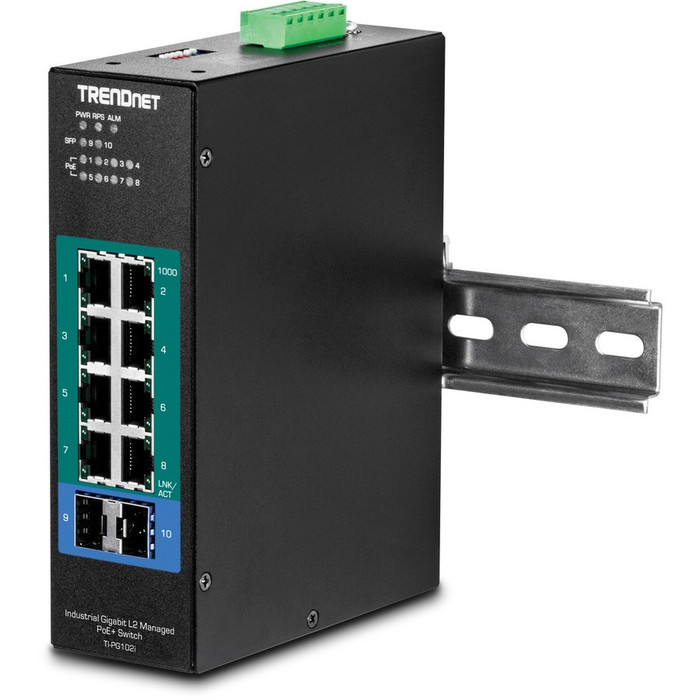 Alternate-Image2 Image for TRENDnet 10-Port Industrial Gigabit L2 Managed PoE+ DIN-Rail Switch, 8 x Gigabit PoE+ Ports, DIN-Rail Mount, 2 x SFP Slots, 24?57V DC Power Input, IP30, VLAN, Lifetime Protection, Black, TI-PG102i