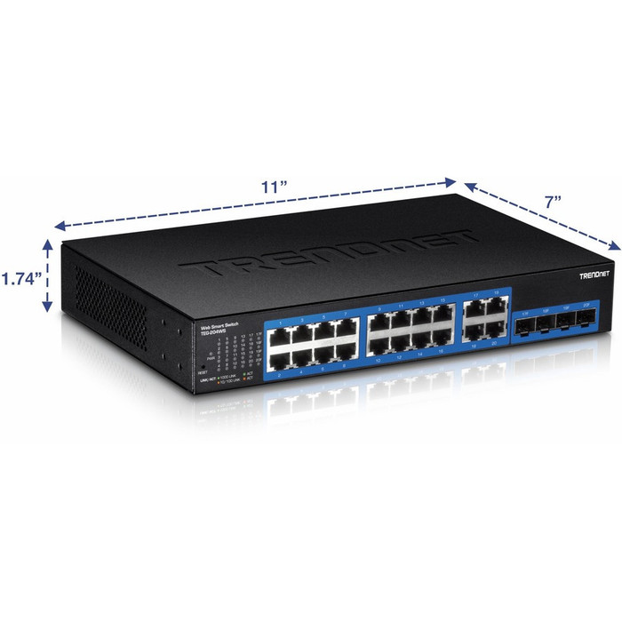 Alternate-Image3 Image for TRENDnet 20-Port Gigabit Web Smart Switch; 16 x Gigabit Ports; 4 x shared Gigabit Ports (RJ-45/SFP); VLAN; QoS; LACP; IPv6 Support; 40 Gbps Switching Capacity; Lifetime Protection; TEG-204WS