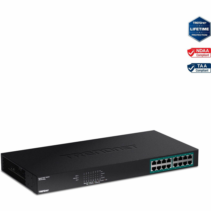 Main image for TRENDnet 16-Port Gigabit PoE+ Switch, 16 x Gigabit PoE+ Ports, 246W PoE Power Budget, 32 Gbps Switching Capacity, Desktop Switch, Ethernet Network Switch, Metal, Lifetime Protection, Black, TPE-TG160g