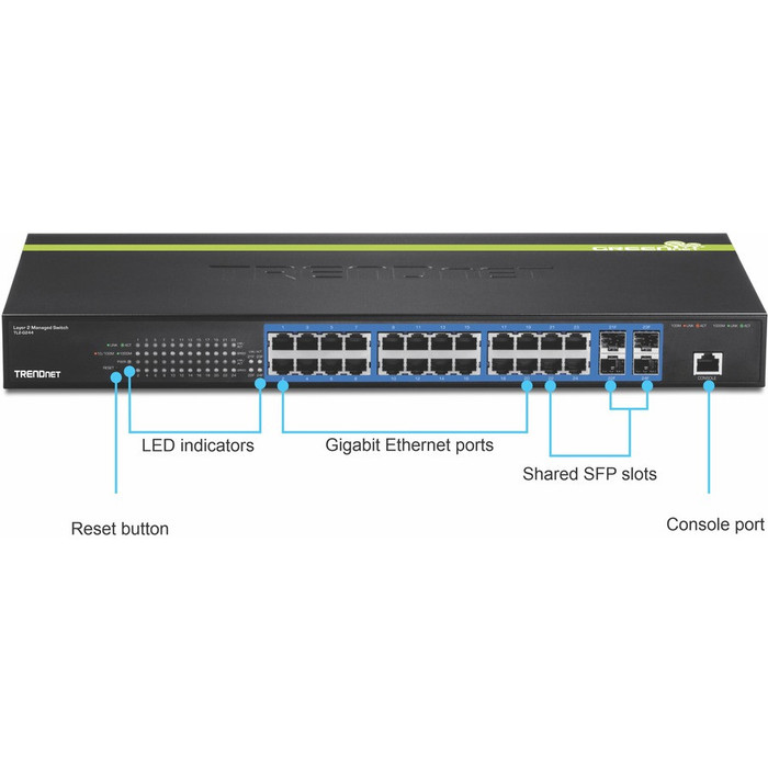 Alternate-Image3 Image for TRENDnet 24-Port Gigabit Layer 2 Switch with 4 Shared Mini-GBIC Slots; 48 Gbps Switching Capacity; SNMP; Lifetime Protection; TL2-G244