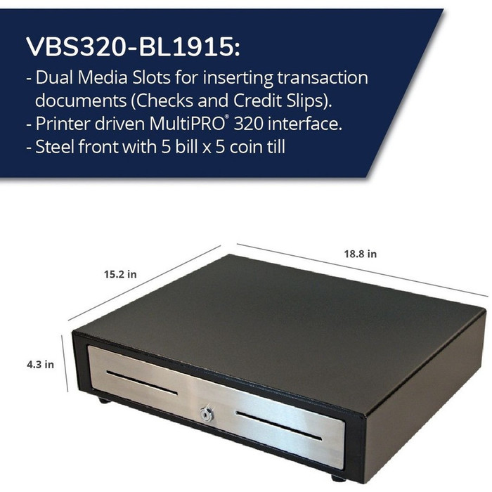 Alternate-Image1 Image for APG Standard- Duty 19" Electronic Point of Sale Cash Drawer | Vasario Series VBS320-BL1915 | Printer Compatible | Plastic Till with 5 Bill/ 5 Coin Compartments | Black