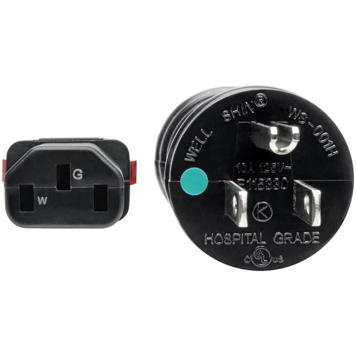 Alternate-Image2 Image for Tripp Lite Hospital-Grade Power Cord NEMA 5-15P to Locking IEC C13 Green Dot 10A 125V 18 AWG 3 ft. (0.91 m) Black