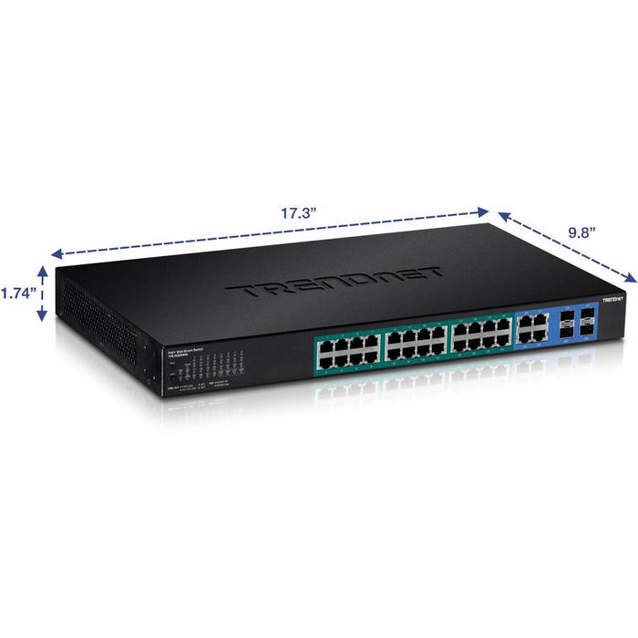 Alternate-Image2 Image for TRENDnet 28-Port Web Smart PoE+ Switch; 24 x Gigabit PoE+ Ports; 4 x Shared Gigabit Ports (RJ-45 or SFP); VLAN; QoS; LACP; IPv6 Support; 370W PoE Power Budget; Lifetime Protection; TPE-5028WS