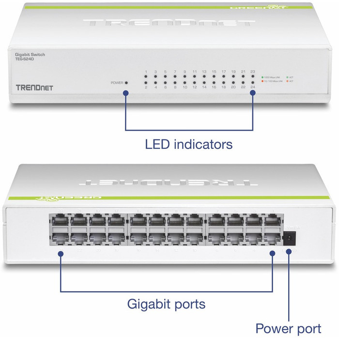 Alternate-Image1 Image for TRENDnet 24-Port Gigabit GREENnet Switch; QoS; 48 Gbps Switching Fabric; Fanless; Plug & Play; Half & Full Duplex; TEG-S24D