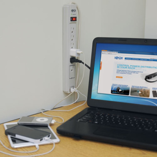 Alternate-Image3 Image for Tripp Lite Surge Protector 6 Outlet w/2x USB Charging Ports, 6 ft cord Gray
