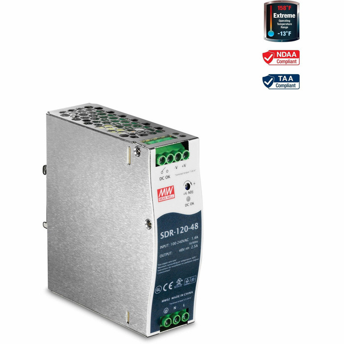 Main image for TRENDnet 120 W Single Output Industrial DIN-Rail Power Supply, Extreme -25 to 70 &deg;C (-13 to 158 &deg;F) Operating Temp, Power Supply 120W, DIN-Rail Mount, Overload Protection, Silver, TI-S12048