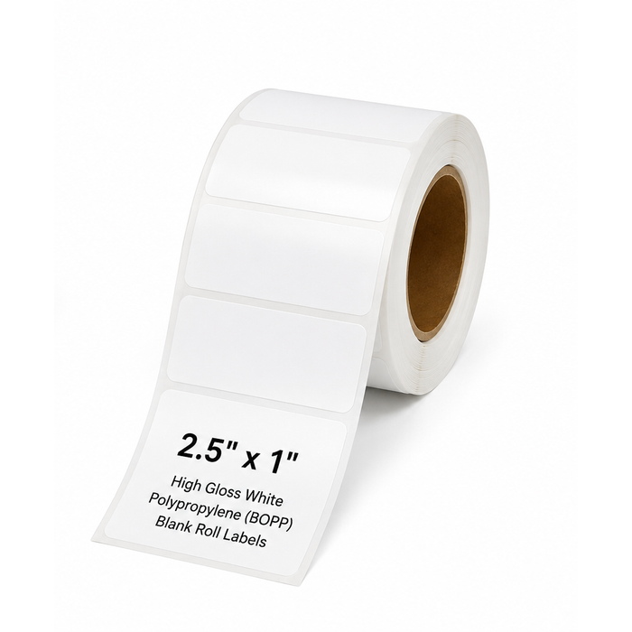 2.5" x 1" High-Gloss White BOPP Inkjet Labels - 1,090 per Roll