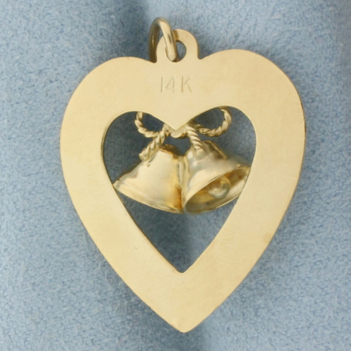 Wedding or Anniversary Bells Heart Pendant or Charm in 14k Yellow Gold