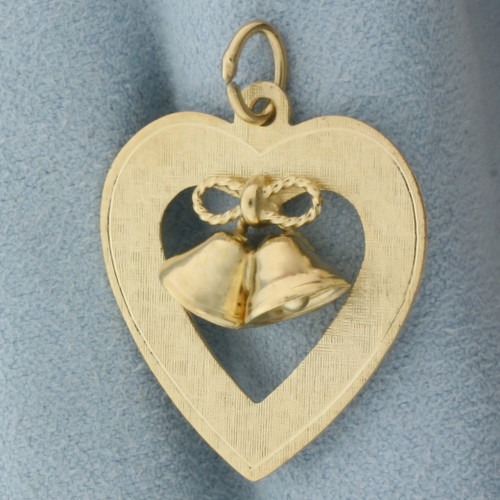 Wedding or Anniversary Bells Heart Pendant or Charm in 14k Yellow Gold