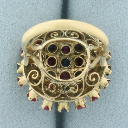 Ruby and Sapphire Sputnik Bombe Cocktail Ring in 9k Yellow Gold