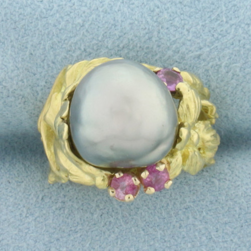 Designer Angela Conty Tahitian Pearl and Pink Sapphire Flower Ring in 18k Yellow Gold