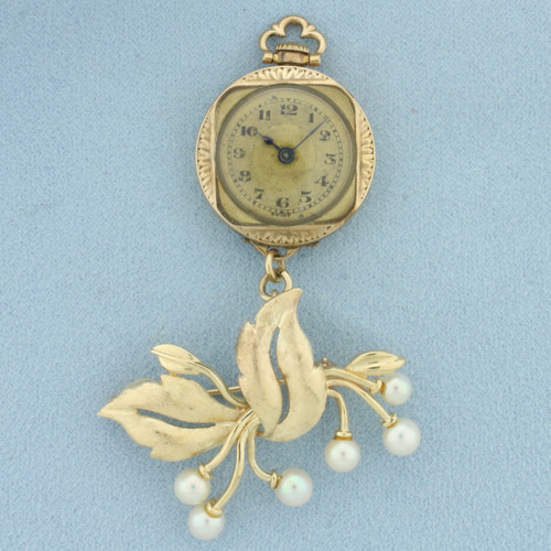 Antique Pearl Wind-Up Watch Brooch in 14k Yellow Gold