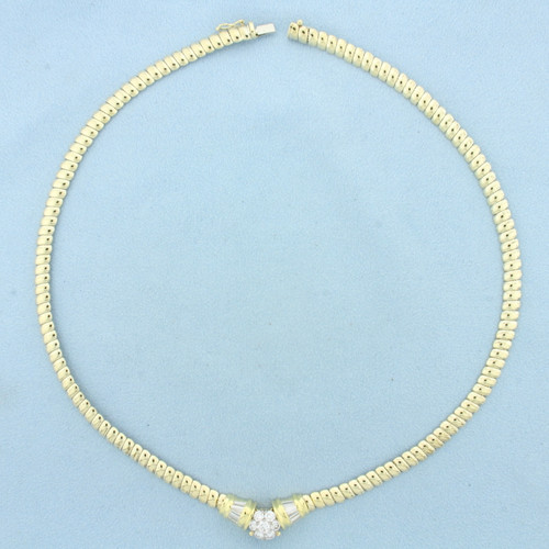 Italian Round and Baguette Diamond Designer Necklace in 14k Yellow Gold