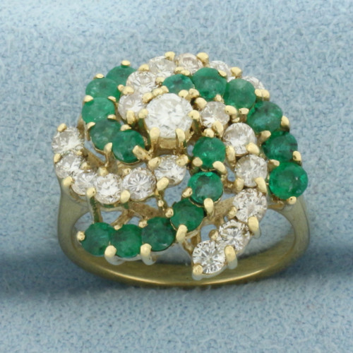 Emerald and Diamond Swirl Design Ring in 14k Yellow Gold