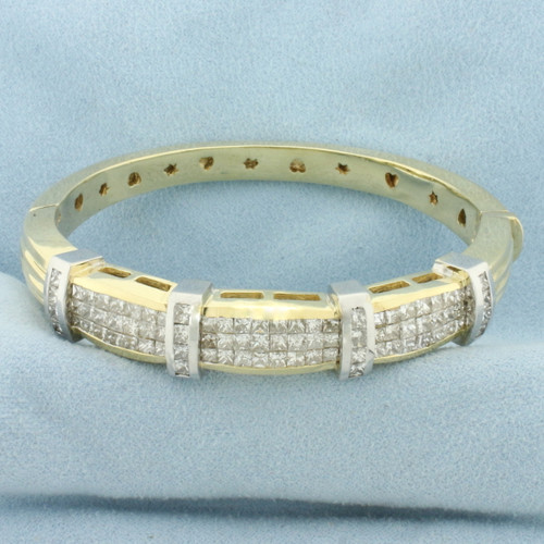 Invisible Set Diamond Hinged Bangle Bracelet in 14k Yellow and White Gold