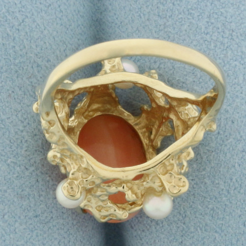Pink Angel Coral and Pearl Ring in 14k Yellow Gold