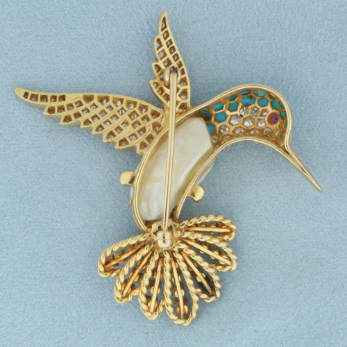 Hummingbird Broach Pin with Diamond, Ruby, Turquoise, and Pearl in 18k Yellow Gold