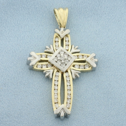 Unique Large Diamond Cross Pendant in 14k Yellow and White Gold