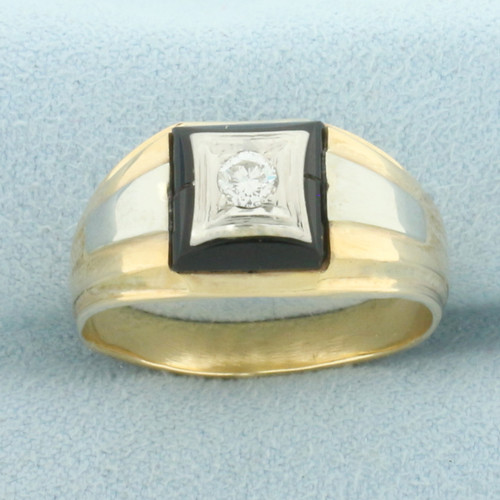 Mens Vintage Onyx and Diamond Ring in 14k Yellow and White Gold