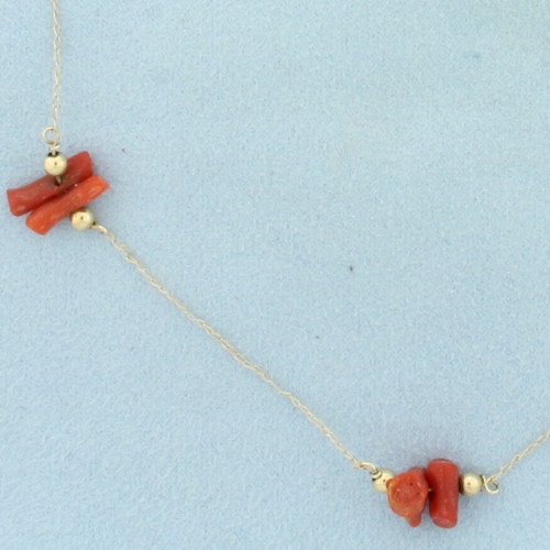 Red Coral Station Necklace in 14k Yellow Gold