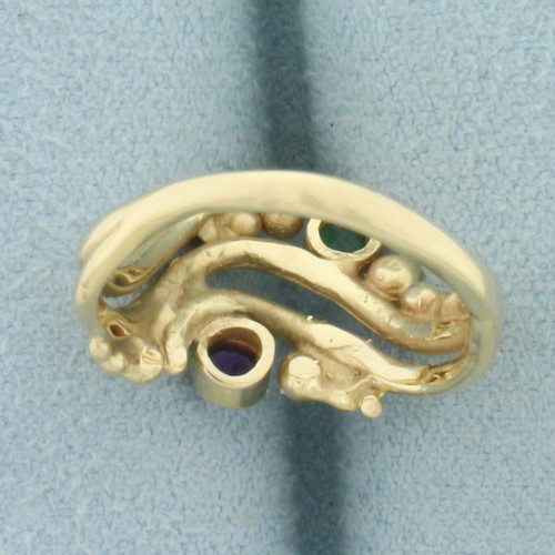 Antique Emerald and Amethyst Ring in 14k Yellow Gold