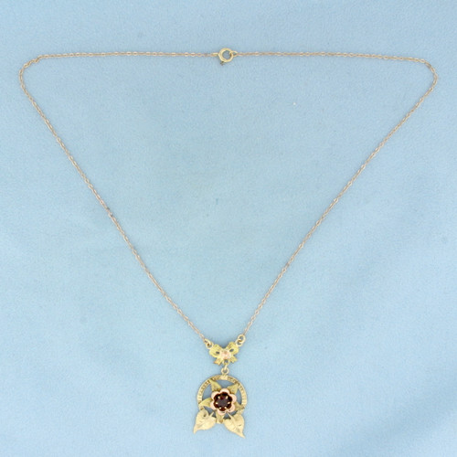 Vintage Lavalier Garnet Flower Necklace In 14k and 10k Yellow Gold