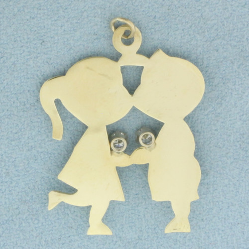 Engravable Boy and Girl Kissing Love Diamond Pendant or Charm in 14k Yellow Gold