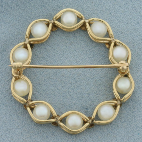 Cultured Pearl Motion Circle Pin Brooch in 14k Yellow Gold