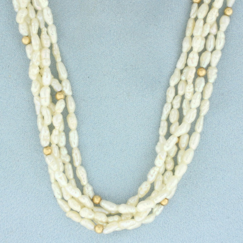 Five Strand Baroque Freshwater Pearl and Gold Bead Necklace in 14k Yellow Gold