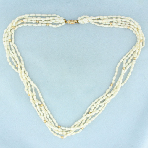 Five Strand Baroque Freshwater Pearl and Gold Bead Necklace in 14k Yellow Gold