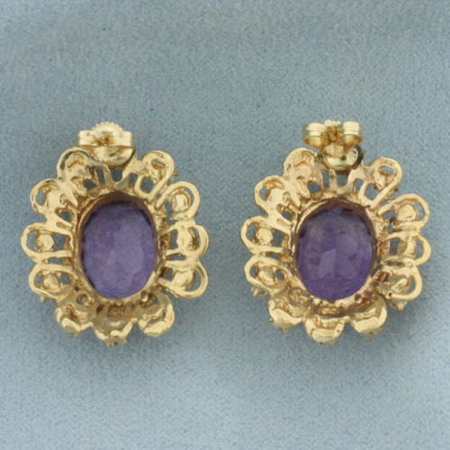 Vintage Amethyst and Diamond Halo Earrings in 14k Yellow Gold